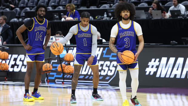 McNeese State basketball players practice before the NCAA tournament